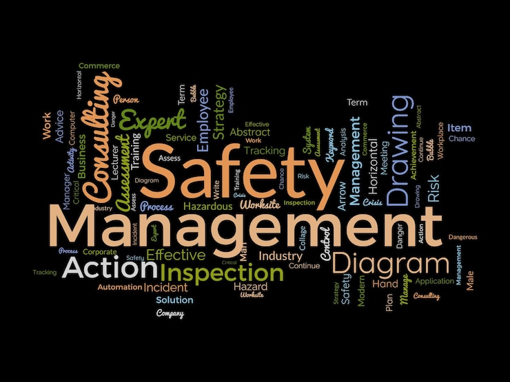 Vettore concetto di sfondo di nuvola di parole per la gestione della sicurezza diagramma di consulenza strategica per un'illustrazione vettoriale di ispezione aziendale efficace