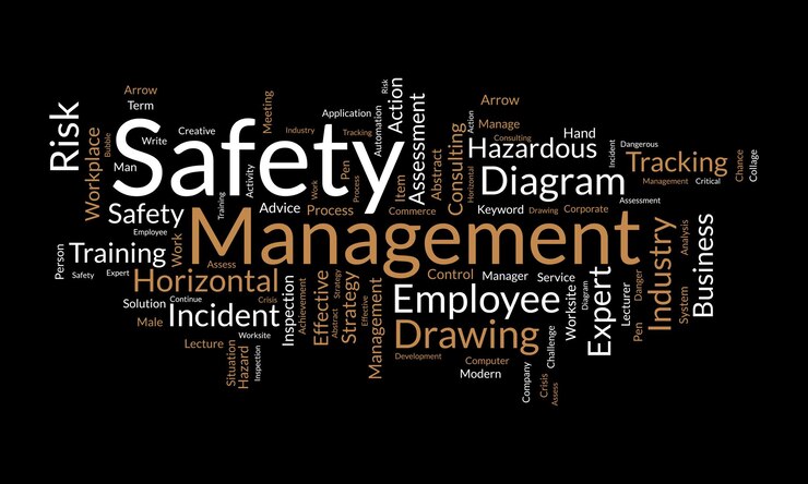 Vettore concetto di sfondo di nuvola di parole per la gestione della sicurezza diagramma di consulenza strategica per un'illustrazione vettoriale di ispezione aziendale efficace
