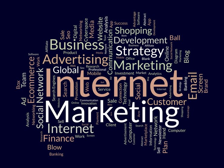 Vettore concetto di sfondo word cloud per il marketing su internet pubblicità web con seo marketing digitale e altri illustrazione vettoriale della strategia dei media digitali