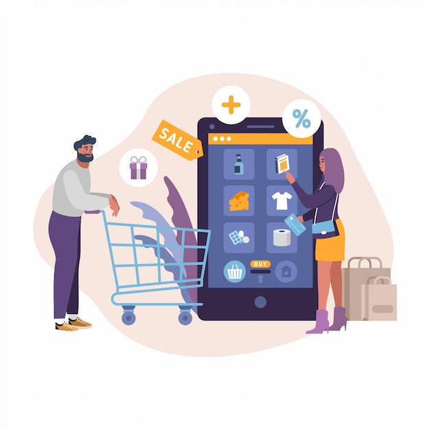 Concetto di shopping mobile. Un uomo e una donna lo shopping nel negozio online.