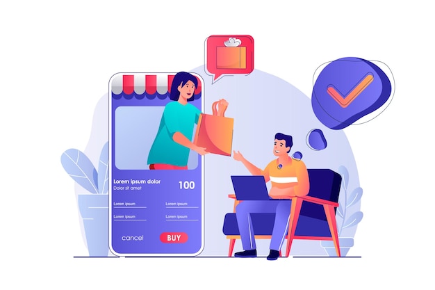 Concetto di shopping online con scena di persone Il cliente uomo effettua acquisti a prezzi scontati ordinando la consegna in app Donna che vende merci Illustrazione vettoriale con caratteri in design piatto per il web