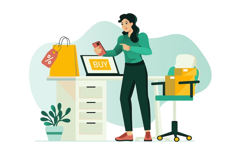 Vettore concetto di shopping online con scene di persone nel design piatto dei cartoni animati una ragazza ordina i vestiti