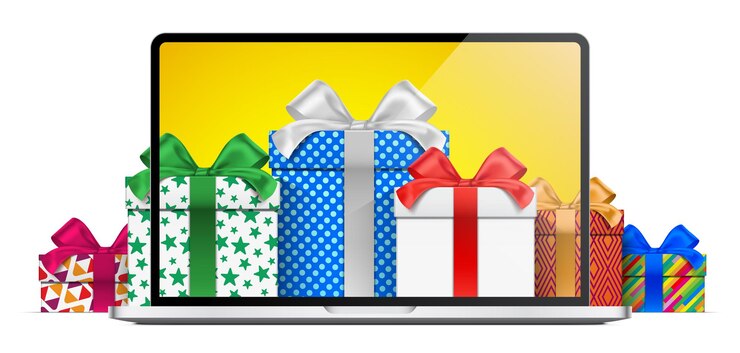 Vettore concetto di shopping online con un laptop e scatole regalo ricoperte di carte da imballaggio colorate