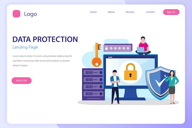 Concetto di sicurezza dei dati Le persone lavorano sullo schermo per proteggere dati e file Modello vettoriale piatto