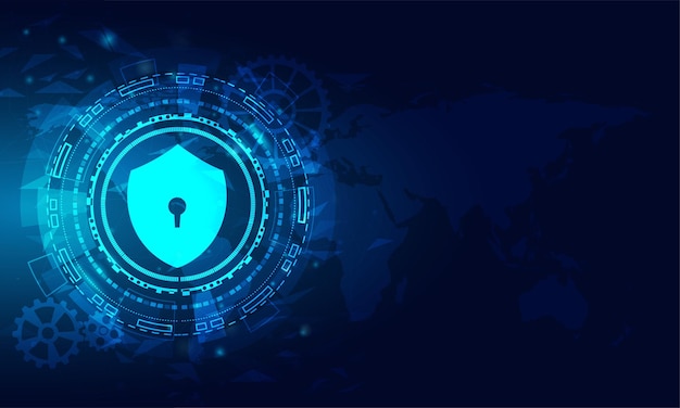 Concetto di sicurezza informatica. Proteggere le risorse informative. Sfondo tecnologico blu con mappa del mondo.