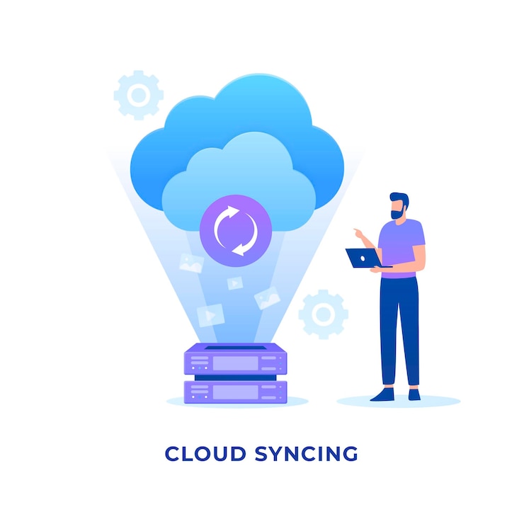 Vettore concetto di sincronizzazione cloud piatto.