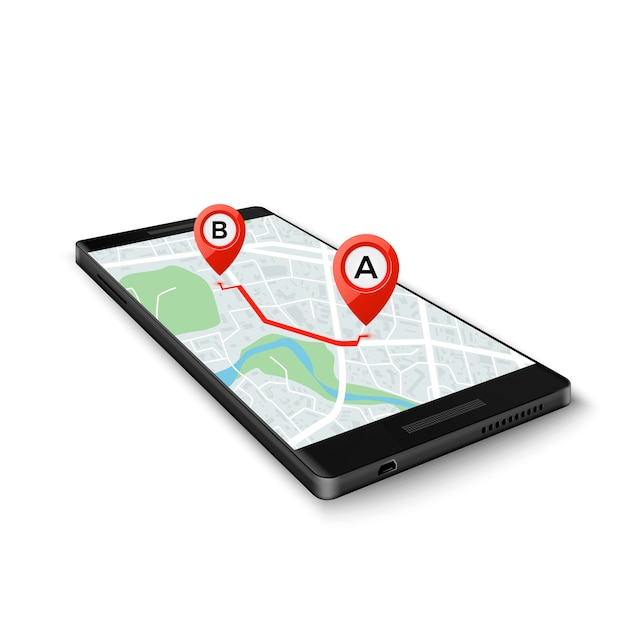 Concetto di sistema GPS mobile. Interfaccia dell'app GPS mobile. Mappa sullo schermo del telefono con indicatori di percorso.