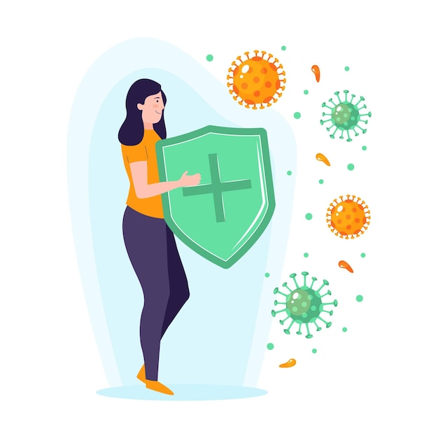 Concetto di sistema immunitario con donna e scudo