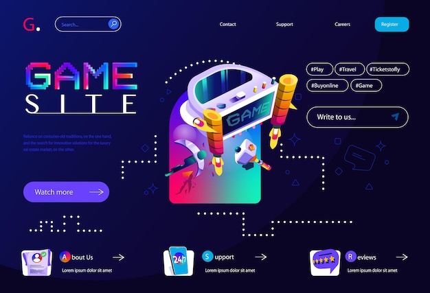 Concetto di sito di gioco in design cartoon piatto per il layout della homepage Piattaforma online per l'acquisto e la riproduzione di videogiochi con VR e tecnologia aumentata Illustrazione vettoriale per landing page e banner web