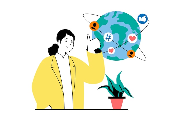 Concetto di social media con scena di persone nel web design piatto Donna che utilizza le reti per comunicare online lasciando commenti e Mi piace Illustrazione vettoriale per materiale di marketing banner sui social media