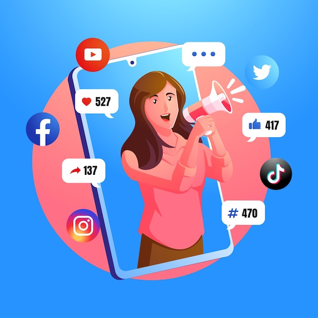 concetto di social media di marketing digitale con donna che urla con il megafono e il logo dei social media