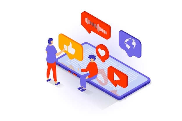 Concetto di social media in progettazione isometrica 3D Persone che utilizzano app mobili per chattare inviare messaggi vocali audio guardare video comunicare illustrazione vettoriale con scena isometrica per web grafico