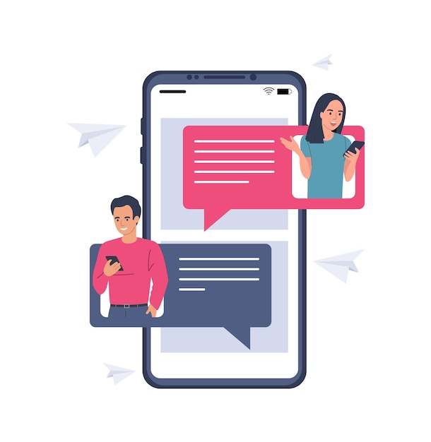 Concetto di social media utilizzando smartphone. Un uomo e una donna stanno chiacchierando. Illustrazione vettoriale.