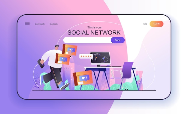 concetto di social network per la pagina di destinazione del blog di comunicazione online degli utenti dei social media