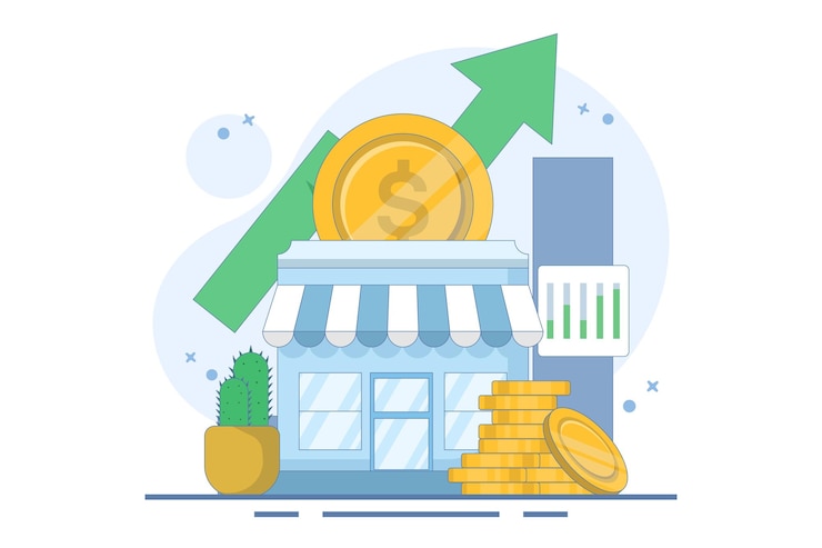 Vettore concetto di sostegno alle piccole e medie imprese con investitori che investono denaro nei negozi