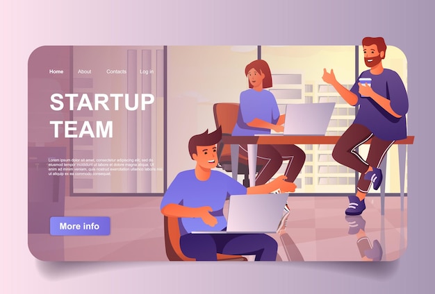 Concetto di squadra di avvio nel design dei cartoni animati per la pagina di destinazione