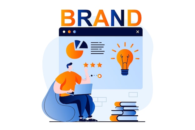 Concetto di squadra di branding con scena di persone in un design piatto di cartoni animati L'uomo con il laptop analizza i dati aziendali genera nuove idee strategia di miglioramento sviluppata Illustrazione vettoriale storia visiva per il web