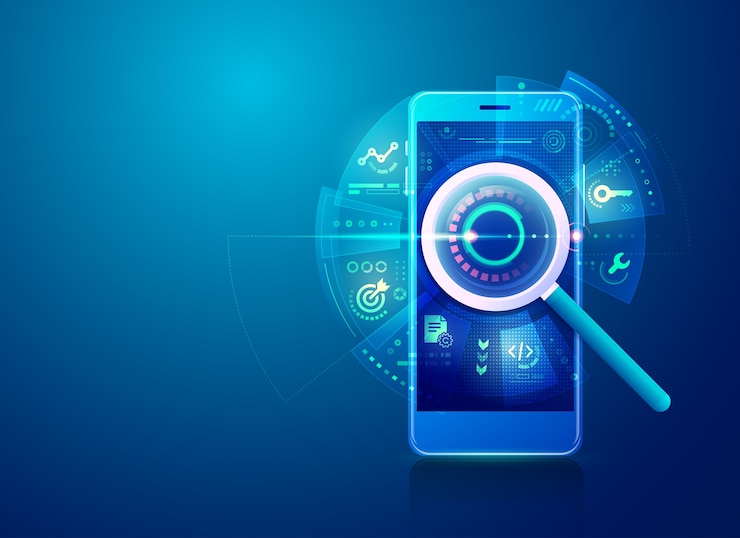 Vettore concetto di strategia di ottimizzazione dei motori di ricerca o seo, lente di ingrandimento realistica con icone di marketing digitale