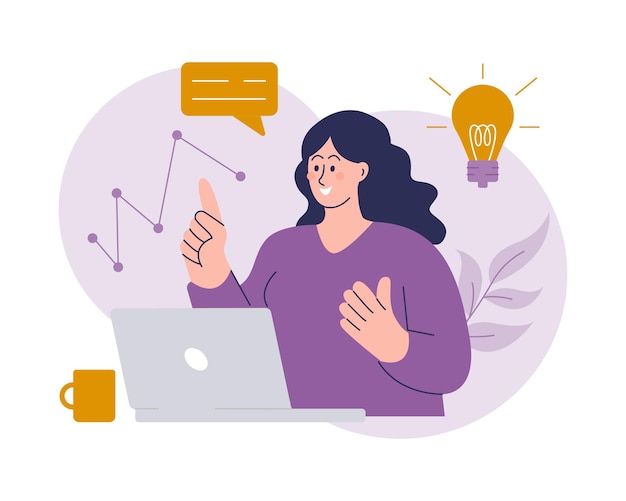 Concetto di strategia e soluzione di pianificazione dell'idea aziendale Donna d'affari che lavora su laptop in comunicazione