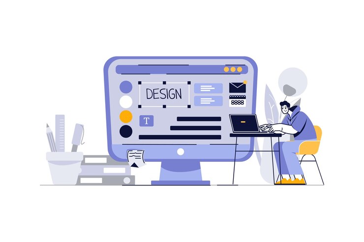 Vettore concetto di studio di design con scene di persone in stile cartone animato piatto il designer crea il concetto