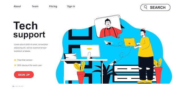 Concetto di supporto tecnico per modello di landing page Operatore in cuffia che consulta uomo in chat Risoluzione di problemi tecnici scena persone Illustrazione vettoriale con design a carattere piatto per banner web