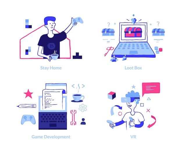 Concetto di sviluppo del gioco Doodle VR gaming Ragazzi cartoni animati che tengono il joystick e indossano occhiali per realtà virtuale Interfaccia portatile per la codifica o la programmazione I giocatori restano a casa insieme vettoriale