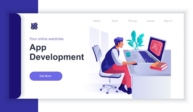 Concetto di sviluppo di app d banner web isometrico con scena di persone l'uomo lavora al laptop in ufficio