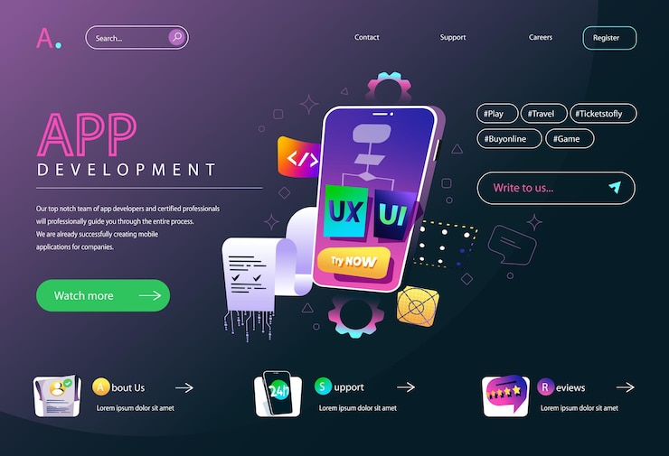 Vettore concetto di sviluppo di app in design cartoon piatto per il layout della homepage prototipazione del design ui mobile ux creazione di programmi e applicazioni per smartphone illustrazione vettoriale per landing page e banner web