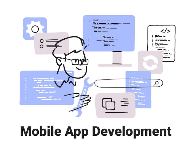 Concetto di sviluppo di app mobili con programmatore che tiene la chiave inglese circondato da schermi e codice