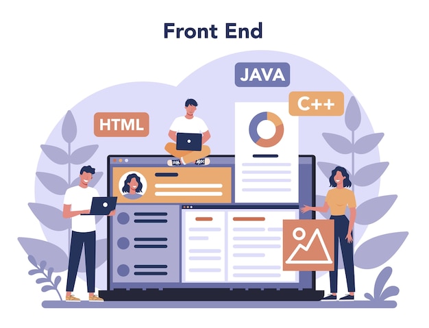 Concetto di sviluppo frontend. Miglioramento del design dell'interfaccia del sito web. Programmazione e codifica. Professione IT. Illustrazione vettoriale piatto isolato