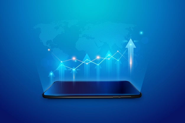 Concetto di sviluppo per il successo Infografica con telefono 3d Diagrammi e grafici di marketing su smartphone