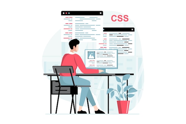 Concetto di sviluppo software con scene di persone in design piatto L'uomo sviluppa codice e prototipi ingegneristici creati programmi e applicazioni Illustrazione vettoriale con situazione dei personaggi per il web
