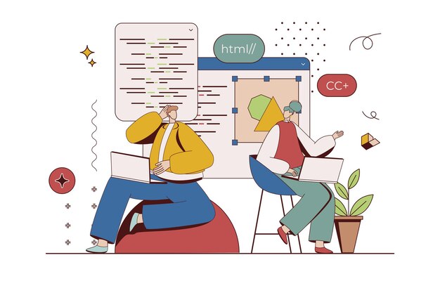 Concetto di team di sviluppatori con situazione di carattere in design piatto Uomo e donna che discutono del progetto lavorando con il software di programmazione del codice astratto Illustrazione vettoriale con scena di persone per il web