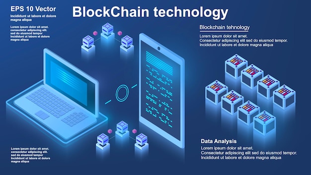 Concetto di tecnologia blockchain per l'elaborazione di big data Elaborazione e archiviazione di informazioni vettoriali per data center isometrici