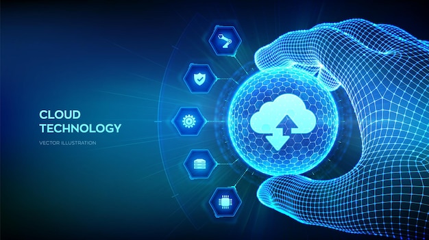 Concetto di tecnologia cloud a forma di sfera con motivo esagonale in mano wireframe Icona di archiviazione dati cloud con due frecce su e giù Big data Servizio di cloud computing Illustrazione vettoriale