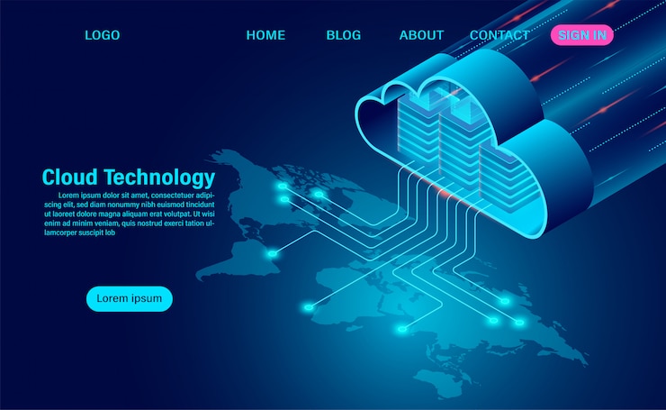Vettore concetto di tecnologia cloud mondiale. tecnologia informatica online. concetto di elaborazione del flusso di grandi quantità di dati sulla mappa. illustrazione isometrica design piatto