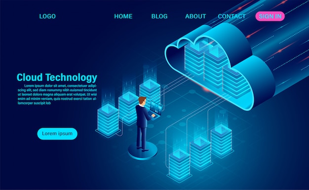 Concetto di tecnologia cloud. tecnologia informatica online. concetto di elaborazione del flusso di grandi quantità di dati. illustrazione isometrica design piatto