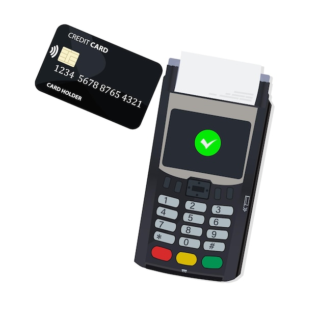 Concetto di tecnologia di pagamento mobile tramite POS e NFC Pagamento dalla carta portando la carta al terminale POS isolato su sfondo bianco Illustrazione vettoriale piatta