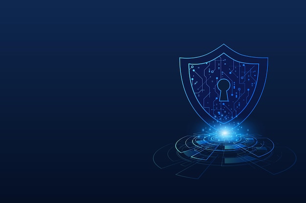 Concetto di tecnologia di sicurezza informatica Scudo con icona Keyhole sulla scheda di circuiti dati personali