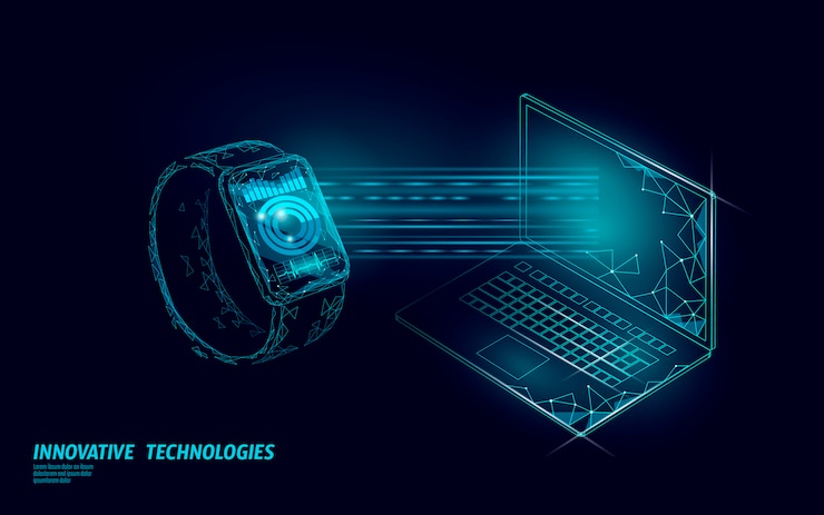 Vettore concetto di tecnologia portatile collegamento orologi intelligenti. app di monitoraggio poligonale bassa. grafico dei media di connessione di rete dei dispositivi sanitari.