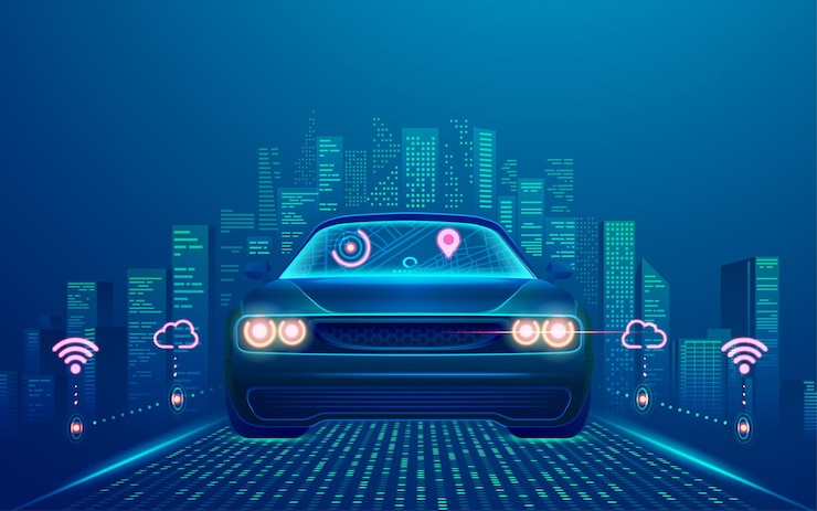 Vettore concetto di tecnologia smart car o veicoli autonomi, grafica di auto senza conducente con smart city come sfondo