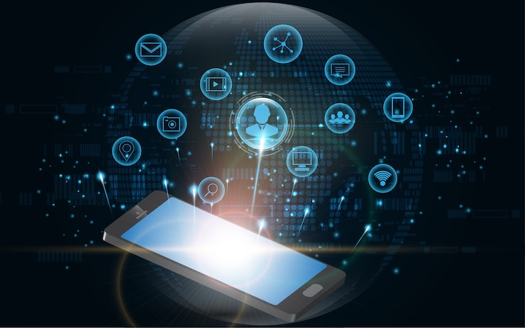 Vettore concetto di tecnologia smartphone moderna connessione di rete globale