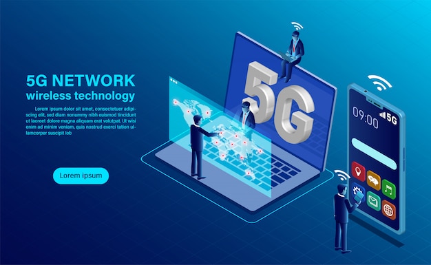 Concetto di tecnologia wireless di rete 5G. smartphone con grandi lettere 5g e persone con dispositivi mobili sono seduti e in piedi.