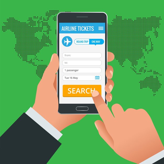 Concetto di telefono dell'app online per la prenotazione di biglietti aerei. Prenota il tuo biglietto online e paga l'importo in qualsiasi parte del mondo. Illustrazione vettoriale.