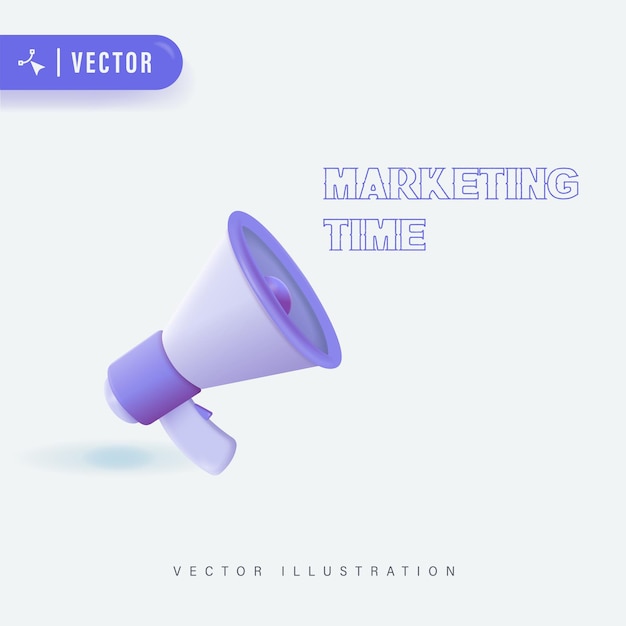 Concetto di tempo di marketing con illustrazione vettoriale del megafono viola Altoparlante per il marketing digitale