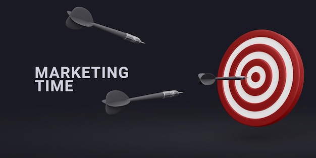 Concetto di tempo di marketing Targeting l'attività Disegno 3D realistico bersaglio rosso e frecce a frecce