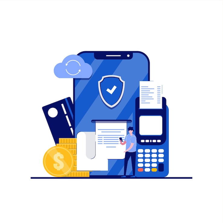 Vettore concetto di terminali di pagamento con carattere. le persone stanno vicino al terminale pos con carta di credito, telefono cellulare con fattura di ricevuta cartacea. stile piatto moderno per pagina di destinazione, app mobile, immagini di eroi.