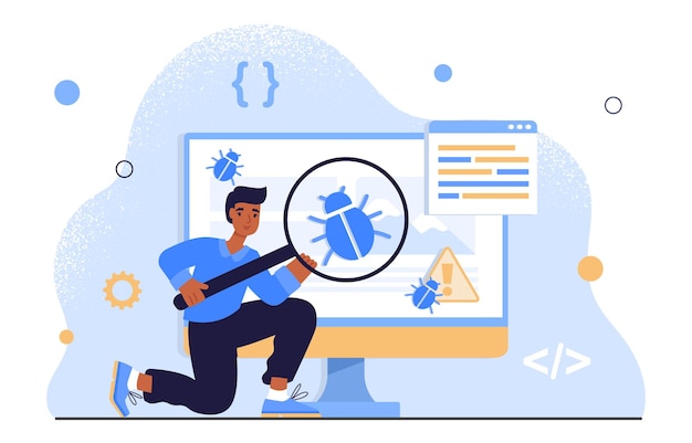 Concetto di tester software Uomo con lente d'ingrandimento vicino al programma o all'applicazione Il giovane ragazzo risolve i bug corregge gli errori nel codice Protezione contro virus e hacker Illustrazione vettoriale piatta dei cartoni animati