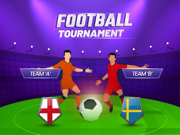 Concetto di torneo di calcio con due calciatori senza volto che partecipano ai paesi dell'Inghilterra VS Svezia su sfondo viola e verde dello stadio.
