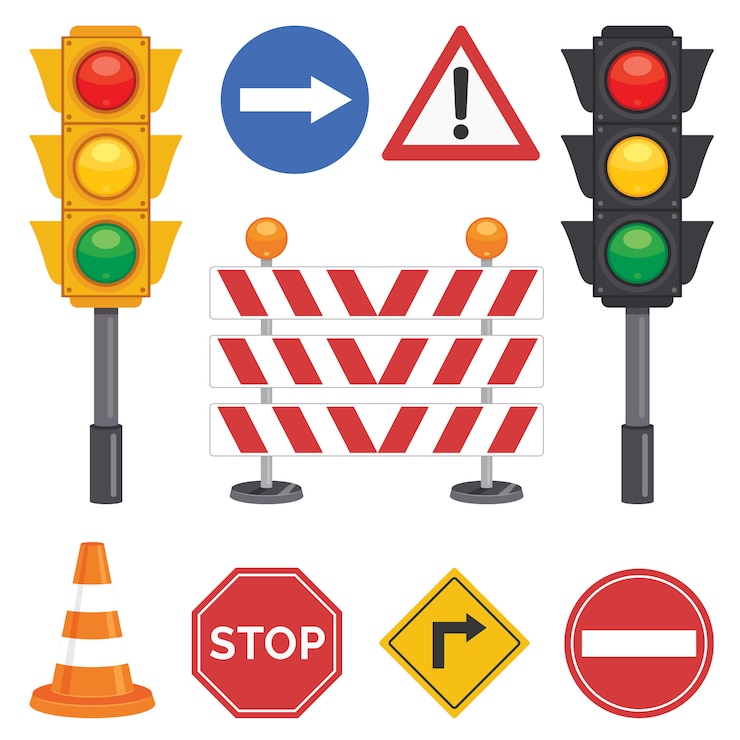 Vettore concetto di traffico con luci e attrezzature